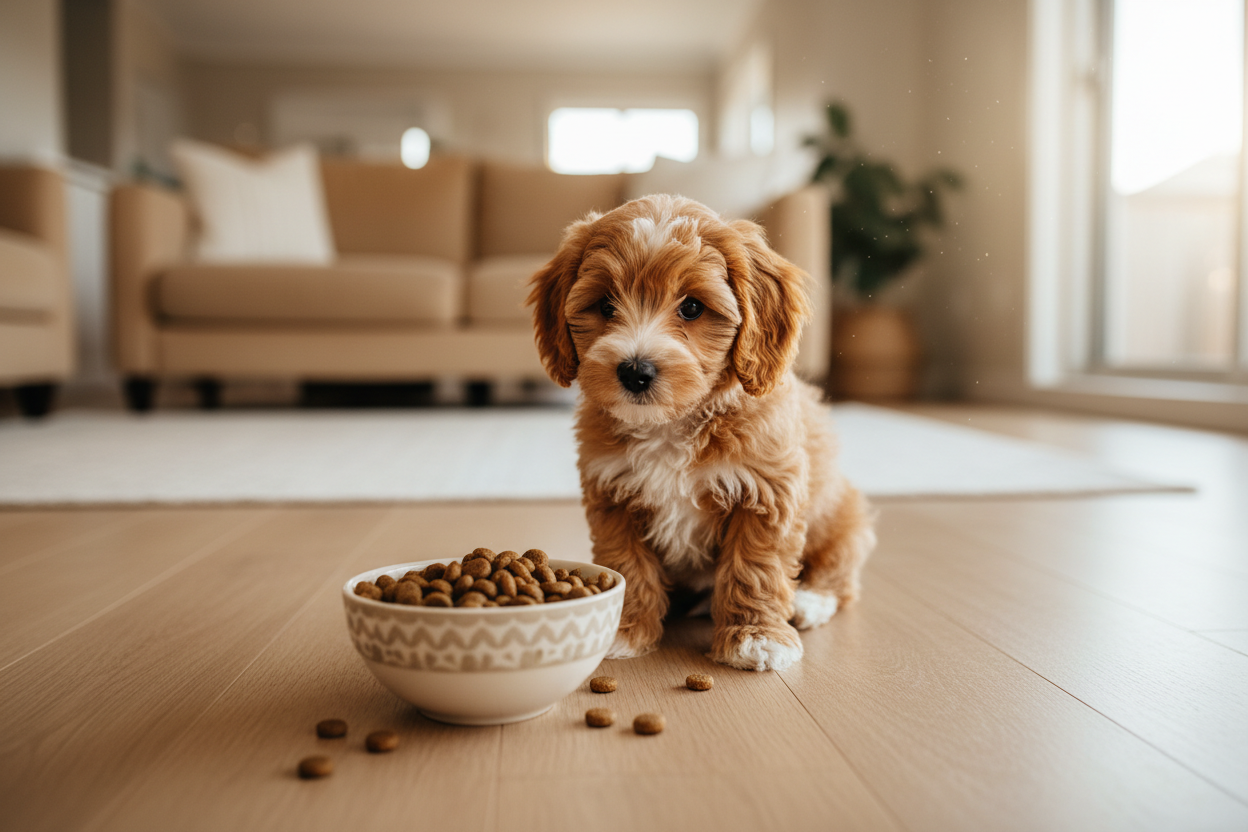 A toy cavoodle dog looking curiously at a bowl of dry kibble dog food